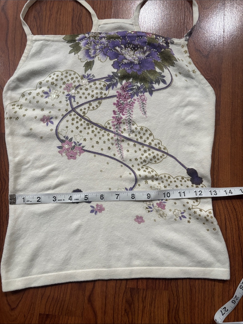 Y2K extremely rare Cream Floral Strappy Tank Top w/ Bead & Sequin Accent | Small - Picture 7 of 7